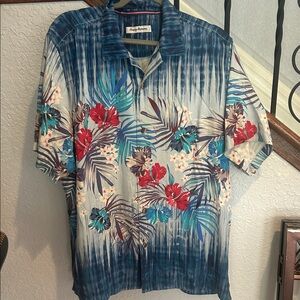 Tommy Bahama Teal Blue Floral Hawaiian Camp Shirt